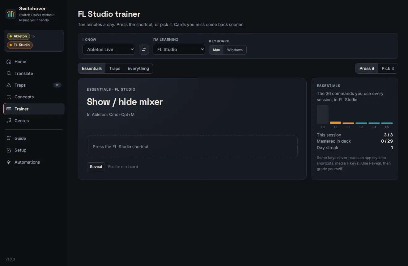 Switchover's Trainer asking for the FL Studio shortcut to show or hide the mixer, with spaced repetition progress.